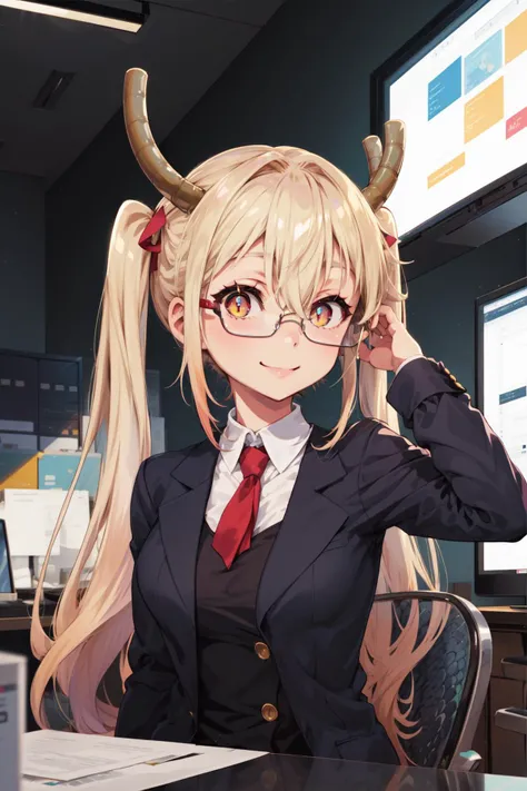 masterpiece,best quality,1girl,tohru,blonde hair,horns,dragon horns,dragon girl,twintails,long hair,hair between eyes,slit pupils,business suit,glasses,adjusting eyewear,smile,office,<lora:Tohru:0.7>,