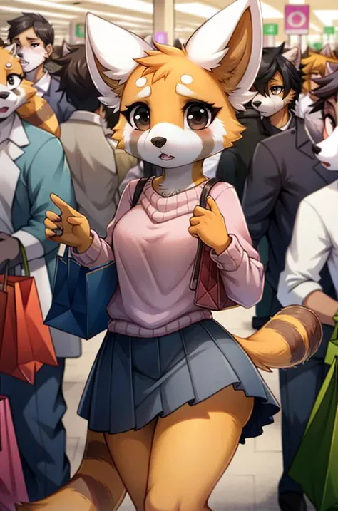 1girl, RetsukoCzar, (two-toned fur, orange fur, black eyes, whiskers, animal ears, racoon tail, striped tail, snout), (skirt, sweater, purse, shopping bags), (interior, shopping center, signs, sale signs, clothing, crowd, crowded, mannequin), (masterpiece:...