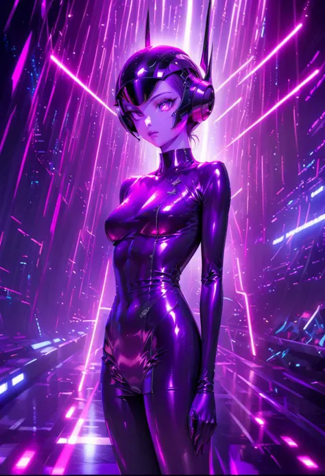 Movie Poster page, (promotional poster), Nebula (NAQ), 1female, solo, humanoid alien, purple hair, purple eyes, pale lilac skin, singers uniform, helmet, WeirdOutfit style, weird future fashion, microphone, concert, Nippon Budokan, glowneon, glowing, spark...