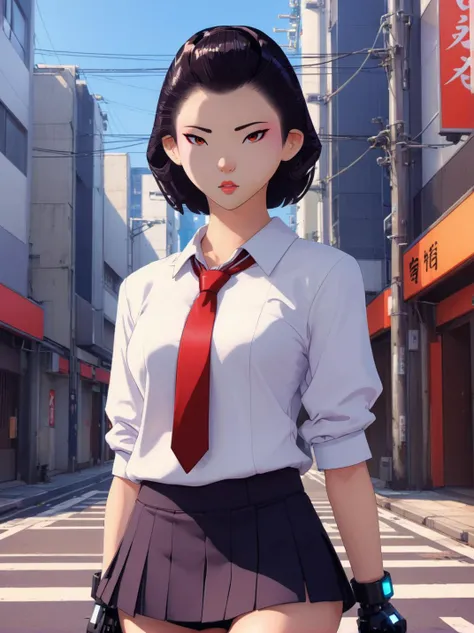 full color drawing  of  Akemi, sexy pose,in a contemporary Seifuku (school uniform) look, deserted Tokyo street with robotic elements, upper body, epic character composition,by ilya kuvshinov, manon bailly, drawing  <lora:BlueEyeSamurai:1>   <lora:xl_more_...