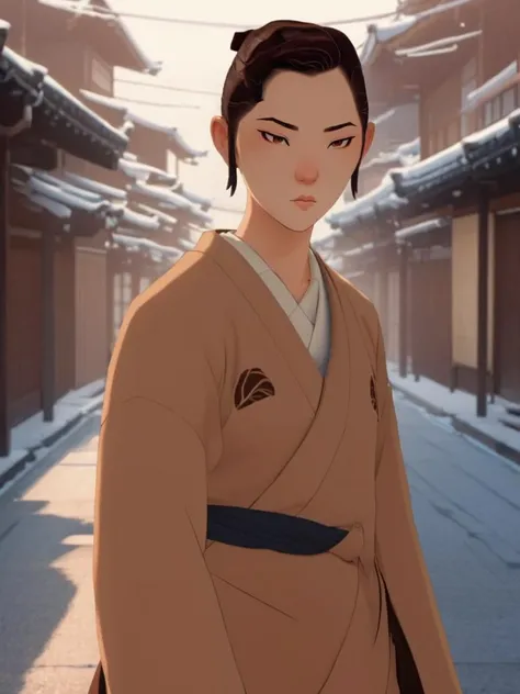 full color drawing  of  Mizu, woman,in a brown shiromuku, empty street, Edo period, upper body, epic character composition,by ilya kuvshinov, manon bailly, drawing  <lora:BlueEyeSamurai:1>   <lora:epiNoiseoffset_v2:1>