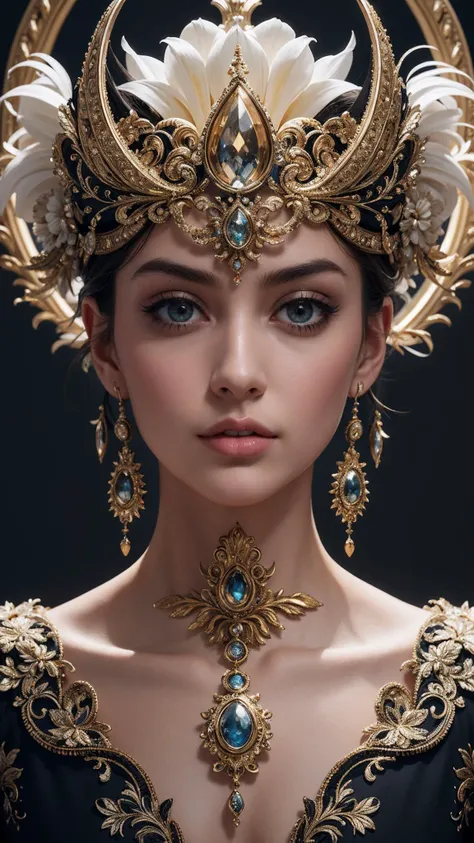 a woman wearing a gold crown and blue eyes