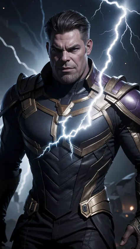 a man in a black suit with lightning coming out of his chest