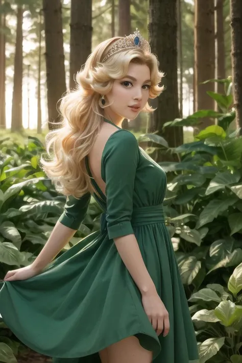 princess peach ultra detail , with backdrop lighting, Forest Green leaf dress ultra detailds background