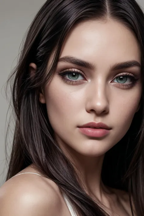 a close up of a woman with long hair and a white top