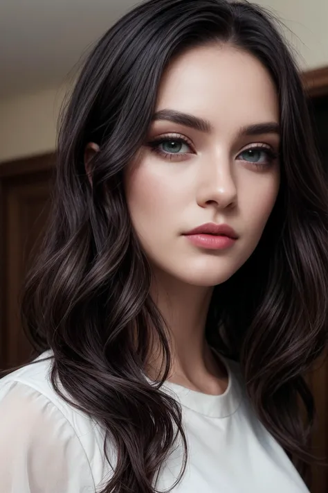 a woman with long dark hair and a white shirt