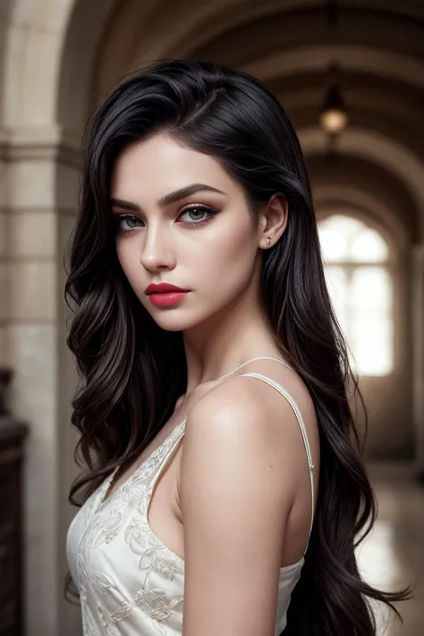 a woman with long black hair and a white dress posing for a picture