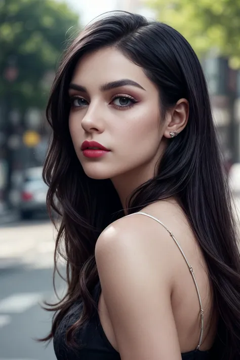 a close up of a woman with long hair and a black dress