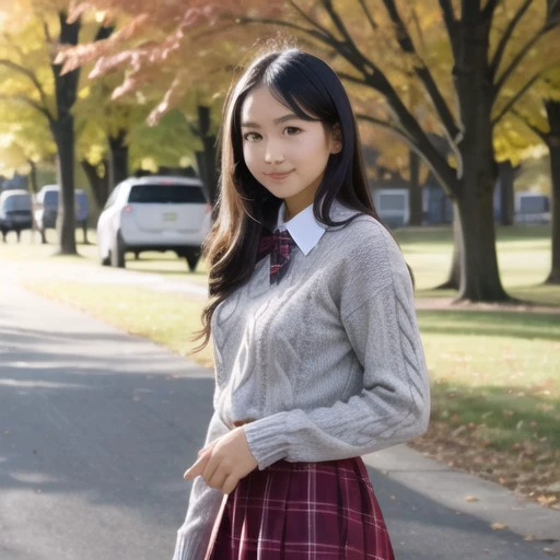 a girl wearing Silk Canadian Plaid Skirt Uniform: Often includes a plaid skirt, blouse, and sometimes a sweater.