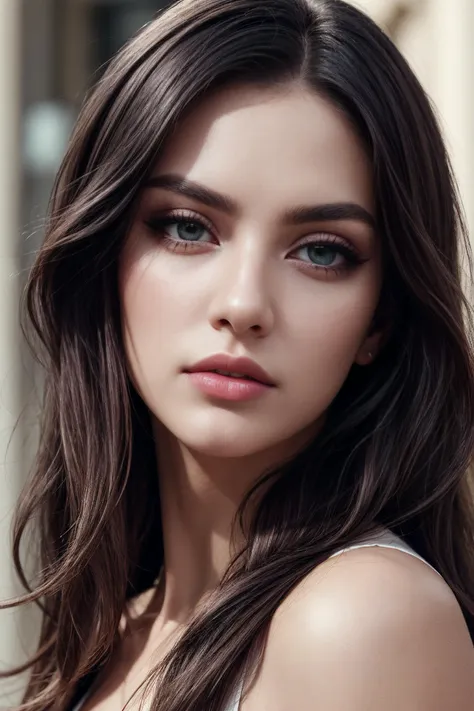 a woman with long brown hair and a white top posing for a picture