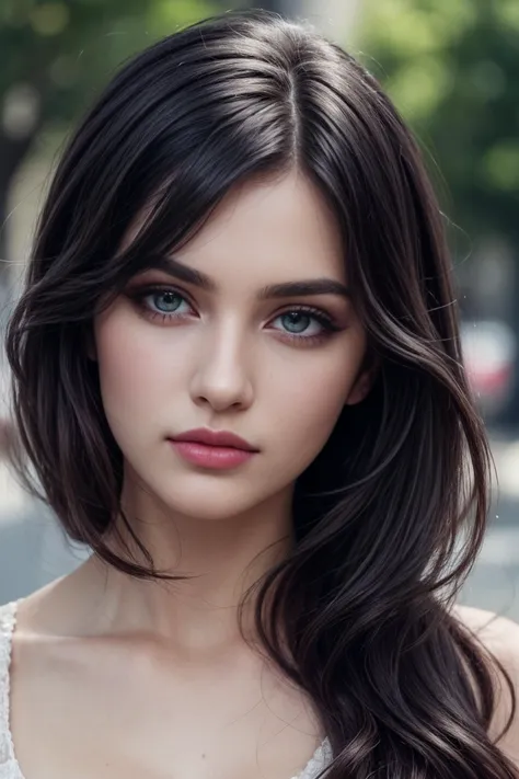 a woman with long hair and blue eyes posing for a picture