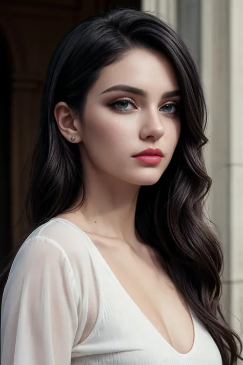 a close up of a woman with long hair and a white top