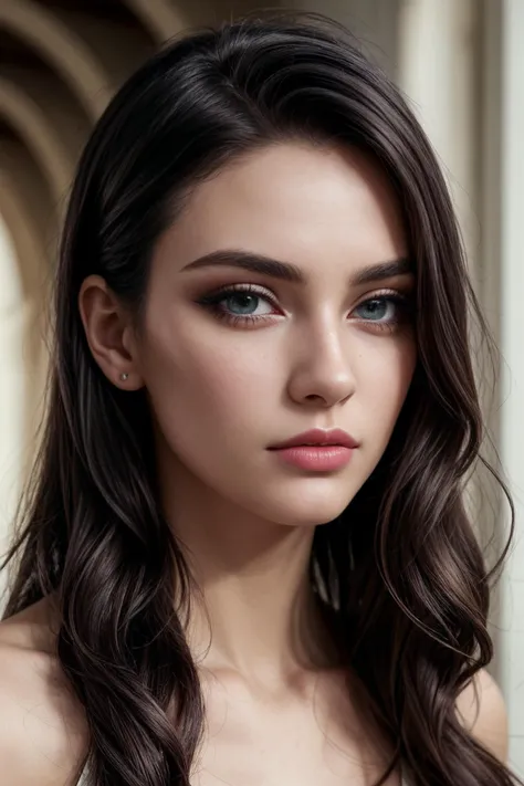 a woman with long hair and blue eyes posing for a picture