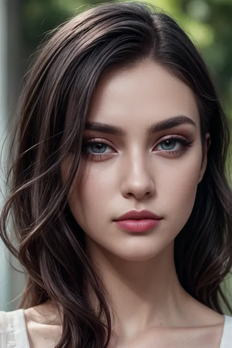 a close up of a woman with long hair and a white top