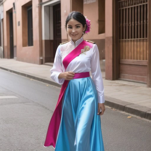 a girl wearing Silk Peruvian Pollera Dress Uniform: Incorporates the traditional pollera skirt and blouse.