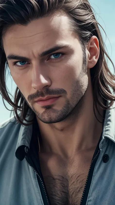 a close up of a man with long hair and a jacket