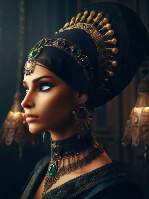 extreme closeup, from above, egyptian woman, (dark room:1.5) backdrop, (dark theme, low key, dark moody lighting, low brightness, low light:6.0), high contrast shadows, green eyes, delicate filigree hood, (looking down:1.1), front view, black background,  ...