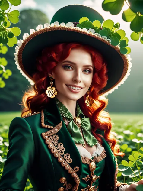 cinematic photo big smile female leprechaun, squinting, cocked hat, clovers, raining clovers, clover earrings, clover patterned vest, clover pendant, clover buttons, red hair, its fucking clovers everywhere and its windy, high contrast, intricate details, ...