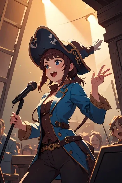 cinematic pose,masterpiece,best quality,1man,1girl,pirate hat,singing,stage,spotlight,happy,fantasy,scenery,<lora:GoodHands-beta2:1>,