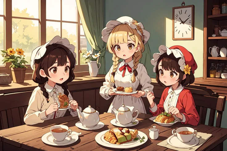 (masterpiece, best quality), 3girls, basket, blonde hair, blunt bangs, bonnet, bottle, braid, brown hair, clock, cute, flat , flower, food, hair ornament, hat, long hair, multiple girls, plate, short hair, side braid, teapot, twin braids,