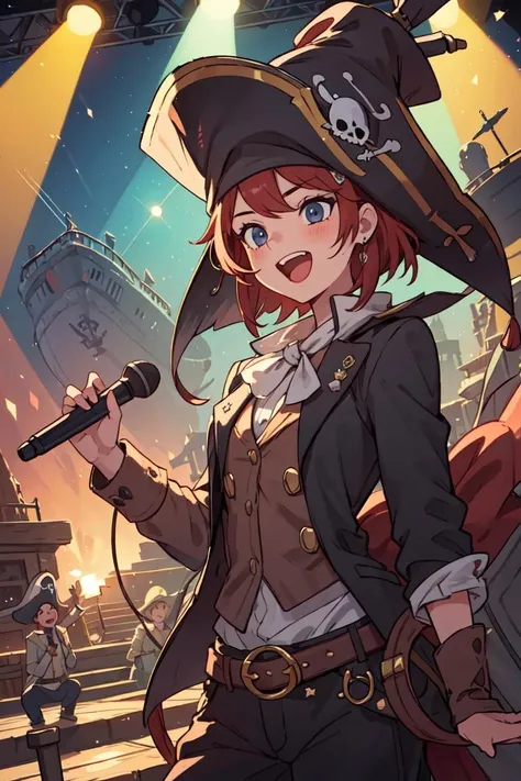 masterpiece,best quality,1boy,1girl, pirate hat,singing, stage, spotlight, happy,fantasy,scenery,