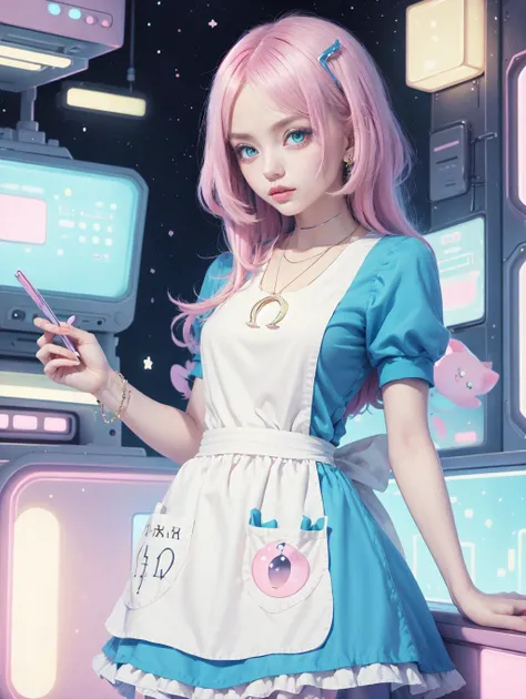 anime girl in a pink and blue dress holding a cell phone