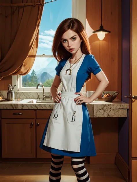 <lora:GoodHands-beta2:0.8>
 <lora:americanmcgee_alice-12:0.8> mcgeealice, dress, apron, striped pantyhose, jewelry, necklace <lora:kim_possible_offset:0.8> kim possible, masterpiece, 4k, high quality, highres, absurdres,