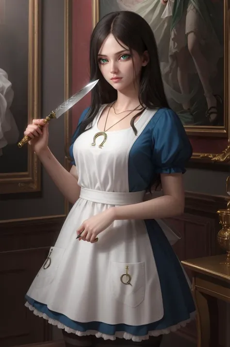 <lora:A3D_Beta:1>
 <lora:americanmcgee_alice:0.7> mcgeealice, dress,apron, striped pantyhose, jewelry, necklace, green eyes, holding knife, masterpiece,best quality,vibrant image,sharpness, colorful,perfect eyes, detailed eyes, detailed hair,, ultra high r...