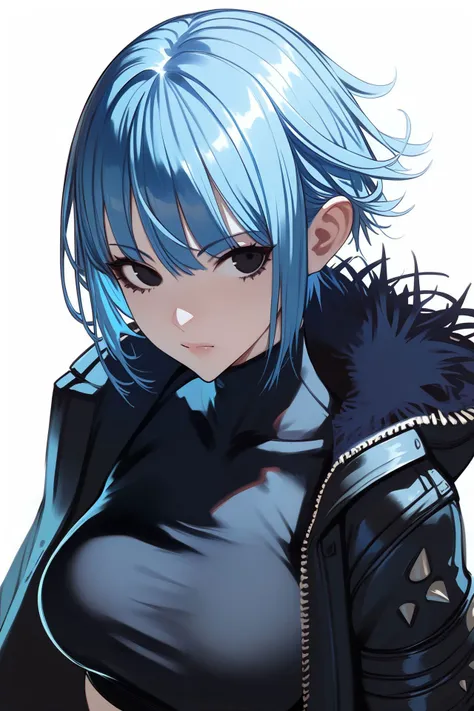 a close up of a person with blue hair and a black jacket