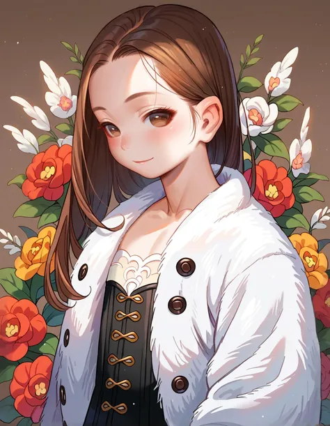 anime girl with long hair and white jacket standing in front of flowers