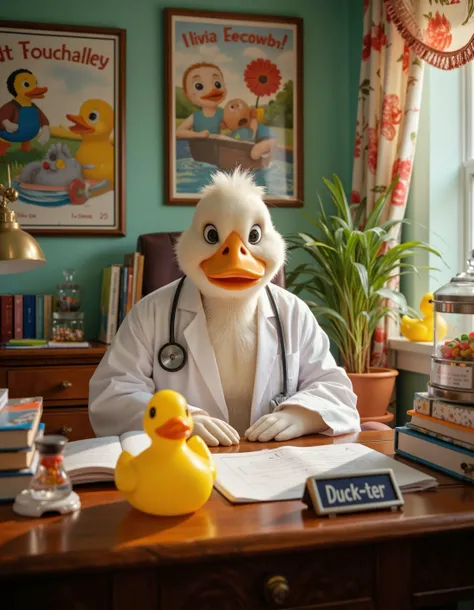 In a whimsically decorated doctors office filled with vibrant colors and playful decor, a plump, cheerful duck sits confidently behind a polished oak desk, its glossy feathers gleaming under the warm light of a vintage desk lamp. The duck is dressed in a p...
