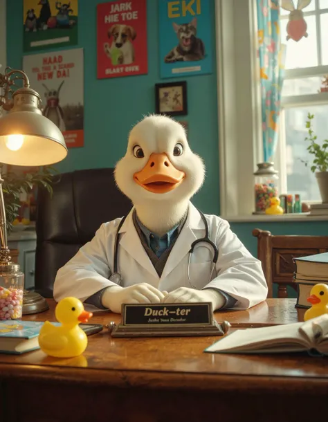 In a whimsically decorated doctors office filled with vibrant colors and playful decor, a plump, cheerful duck sits confidently behind a polished oak desk, its glossy feathers gleaming under the warm light of a vintage desk lamp. The duck is dressed in a p...