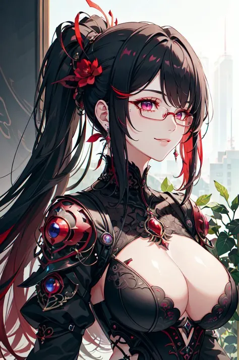 <lora:LnF:0.9> LnF, wearing LnF,, ultra detailed, masterpiece, best quality, aesthetic, detailed,, solo, smug smile, 1girl, purple eyes, red-framed eyewear, (black hair, red colored tips:1.2), red streaked hair, very long hair, side ponytail, tied hair, me...