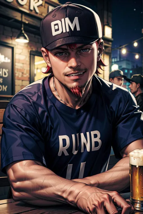 1 boy, Joe,red goatee, sitting, red hair, solo, table, beer, drunk, solo, smirk, determination, Jocasu, loose shirt) (blue t-shirt with letters), (backwards baseball cap) , cargo shorts, detailed face, hd, 8k, intricate details, volumetric lighting, photor...