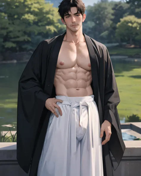 1boy,ikemen,handsome,blush,sweat,male focus,realistic,(male_focus:1.3),nsfw,masterpiece,short hair,black hair,blush,sneering expression,(oragsm:1.2),<lora:hanfu_nan:0.6>,long skirt,nature,robe,large pectorals,nipples,bulge,