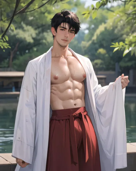 1boy,ikemen,handsome,blush,sweat,male focus,realistic,(male_focus:1.3),nsfw,masterpiece,short hair,black hair,blush,sneering expression,(oragsm:1.2),<lora:hanfu_nan:0.6>,long skirt,nature,robe,large pectorals,nipples,bulge,