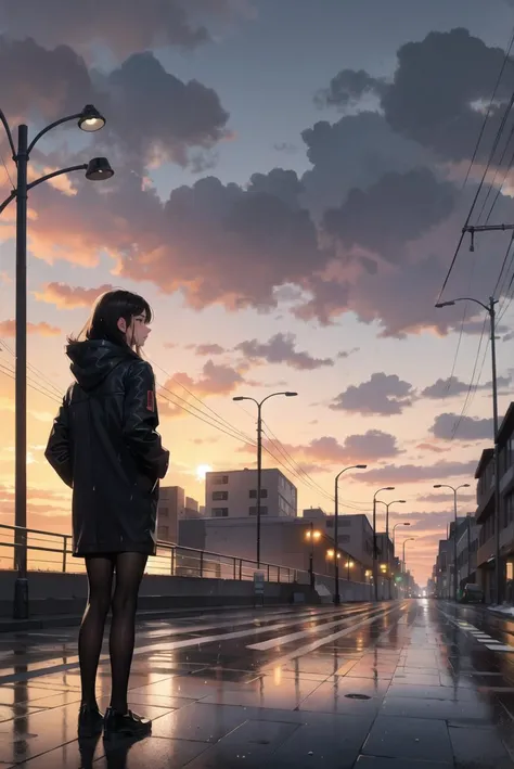 anime girl standing on a wet street with a backpack and a backpack