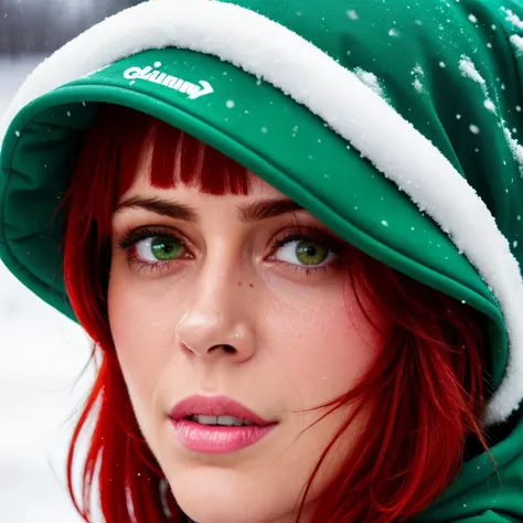 alys wearing green jaket, red head, falling snow, Katyasitak, closeup, masterpiece, higeres, 4k, hdr, trending on ArtStation,,<lyco:AlyssaM-RealVision-V1.0:1.0>