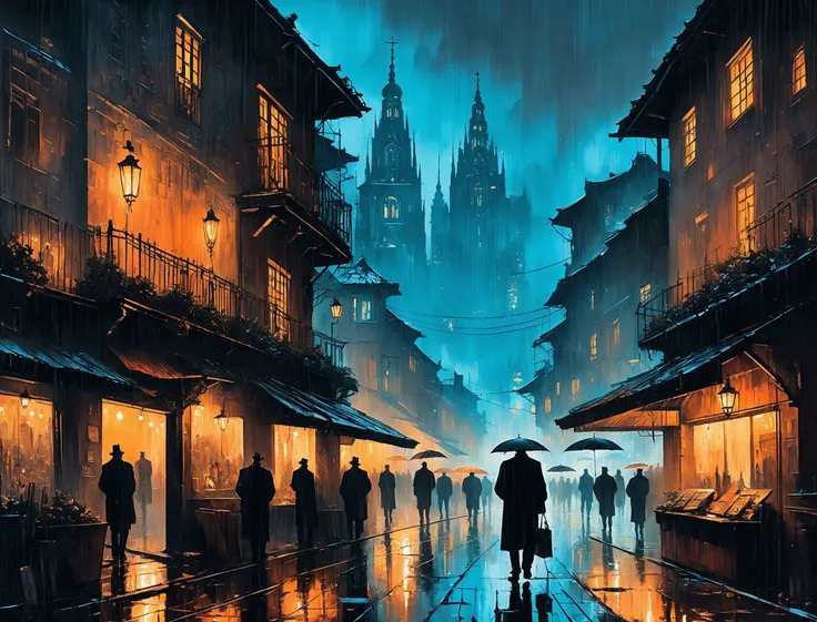 painting of a man walking down a street with an umbrella