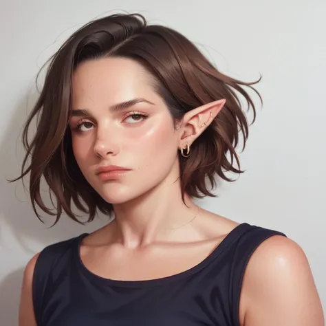 a woman with a elf ear and a black top