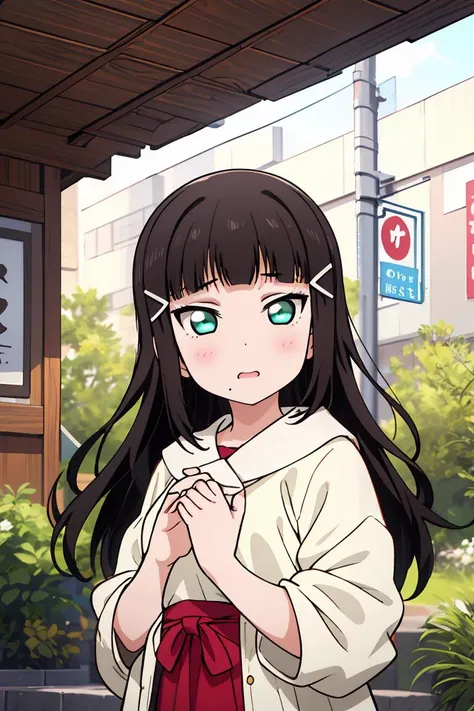 anime girl with long black hair and green eyes standing in front of a building