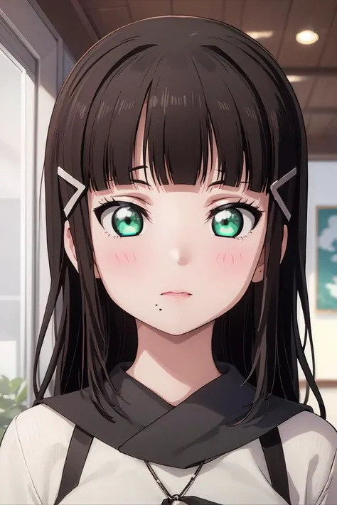 anime girl with green eyes and black hair in a white shirt