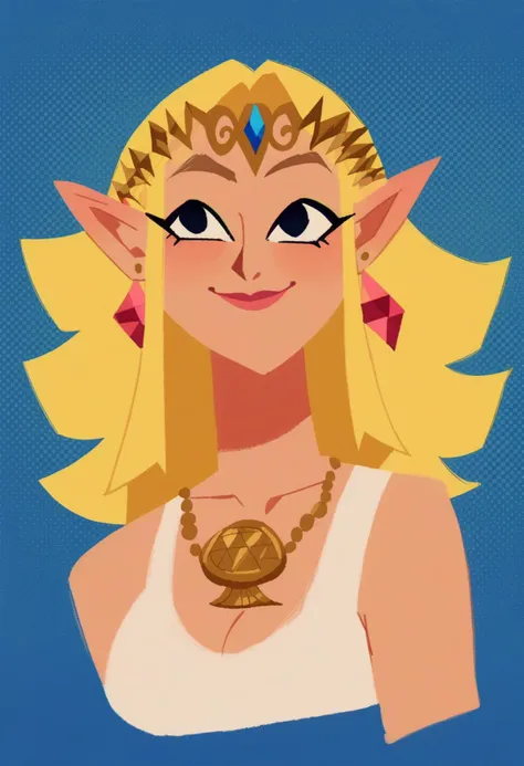 score_9, score_8_up, score_7_up, score_6_up, smile, 1girl, princess zelda, triforce, breasts, black eyes, blonde hair, earrings,...