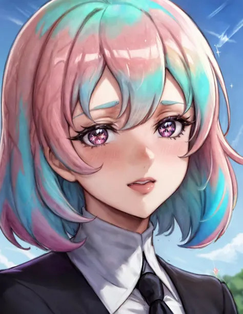 anime girl with blue hair and pink eyes in a suit