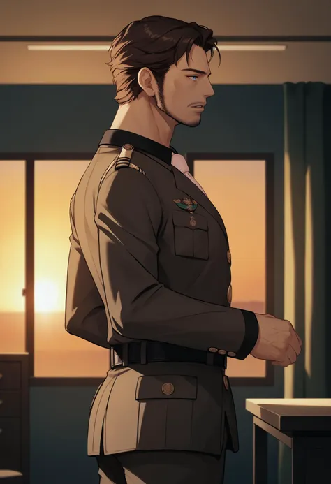 a man in uniform standing in front of a window with a sunset in the background