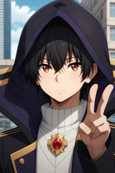 a man in a black coat and a red eye is making a peace sign