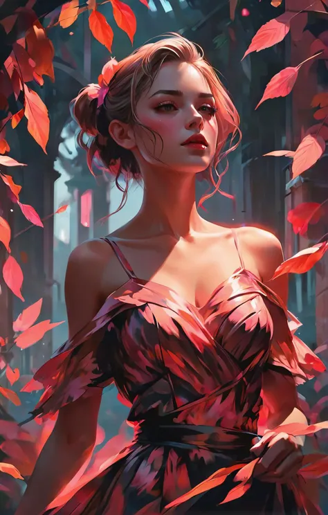 coquette aesthetics, a beautiful woman in a dress made of pink leaves, highly detailed, cinematic, 8k concept art, bright colors...