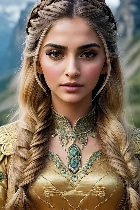 beautiful woman (Son4mK4p00r:.99), beautiful hair, (( Long honey blonde mermaid braid hairstyle  :1.2)) ((portrait)), (closeup:1.2), ((from the waist up)), (( middle earth, A sprawling dwarven city, carved deep into the heart of a mountain, Tolkien :1.2)) ...