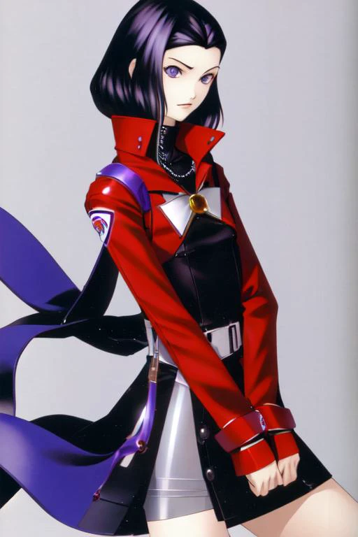 a woman in a red jacket and black skirt with a purple ribbon