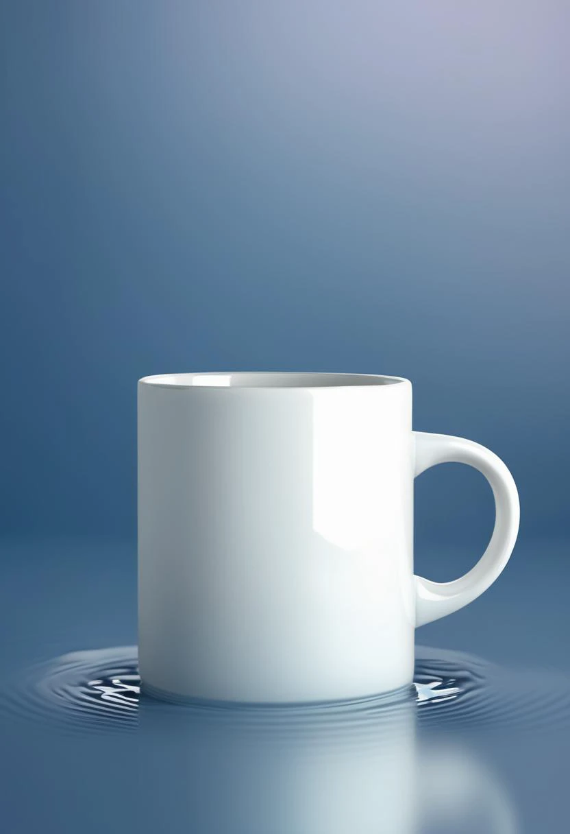 a close up of a white coffee cup on a blue surface